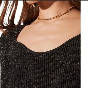 NWT ASTR The Label Metallic Square Neck Sweater, Black, Large